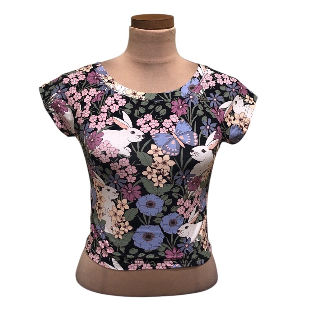 ModCloth Princess Highway Crop Top Size US 4 Black Bunny Rabbit Floral Print